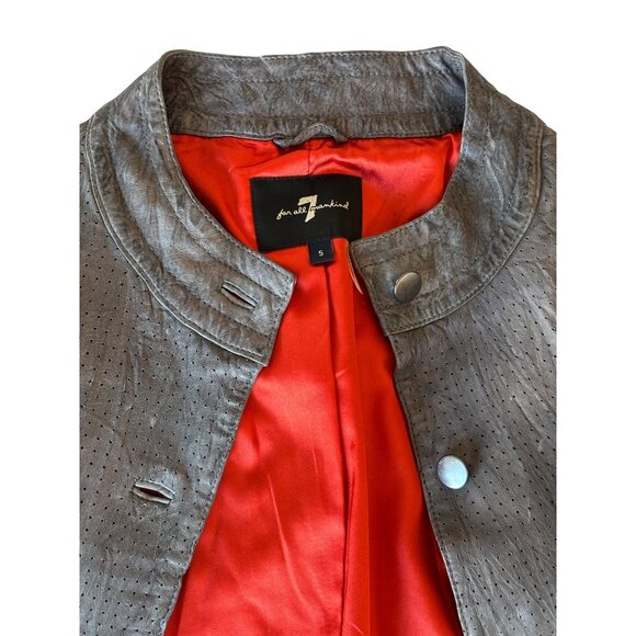 7 For All Mankind Womens Gray Leather Perforated Jacket‎ Red Lining Grunge Moto - Picture 10 of 11